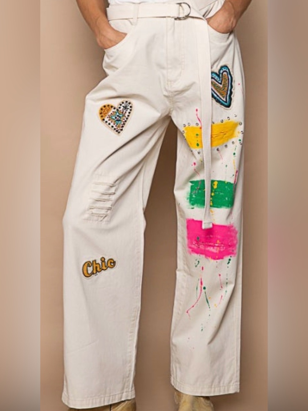 POL White Jeans with Colorful Paint Splatter and Embroidered Patches